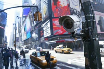 Obraz premium Urban Surveillance Camera on Busy City Street Corner with Pedestrians and Vehicles