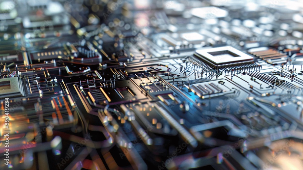 Poster the image shows a close-up of an electronic computer motherboard with various chips, circuits, and c