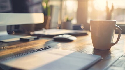 A cup of coffee on a desk in an empty office with a laptop, monitor, and other business-related items