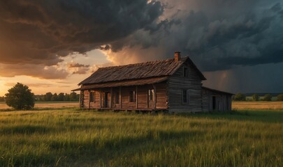 Obraz premium Weathered wooden house amidst a stormy field landscape