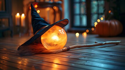 A witch's hat and broomstick lying on a wooden floor with a glowing crystal ball nearby