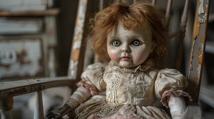 A creepy doll with cracked porcelain skin sitting in an old rocking chair