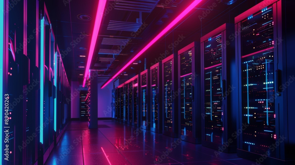 Poster modern data center infrastructure with rows of servers and blinking lights for network management