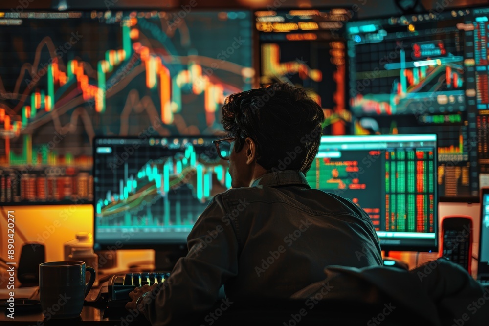 Poster nighttime forex trading scene with real-time data on multiple monitors in ambient lighting for finan