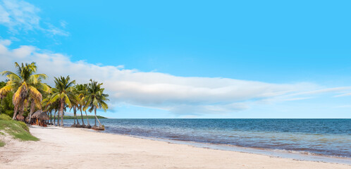 Paradise Sunny beach with palms and turquoise sea. Summer vacation and tropical beach concept - Cancun, Mexico