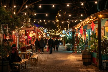 Festive Holiday Market Night Scene with Colorful Lights and Gift Exchange Celebration