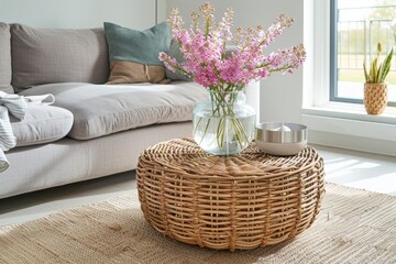 The modern interior of a living room features a sofa and coffee table with blooming branches