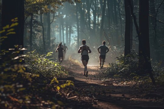 Scenic Relay Race Through Forest Trail Highlighting Athleticism and Harmony with Nature