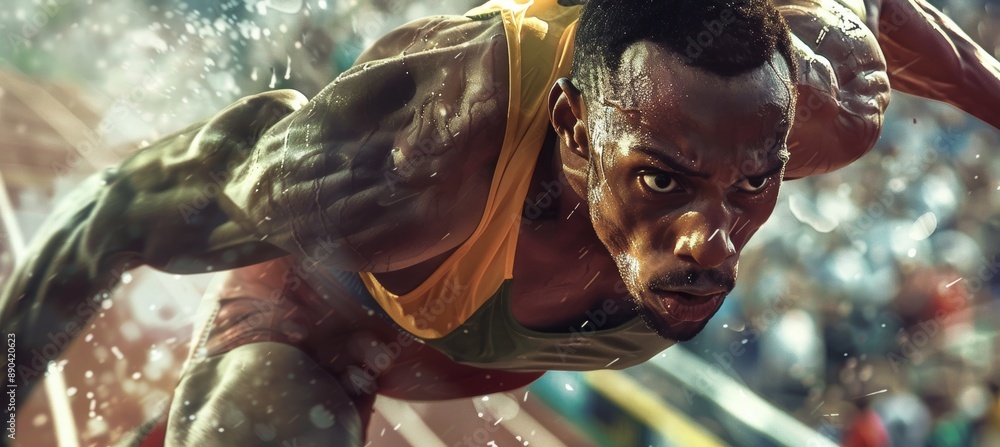 Poster intense athlete in triple jump mid-action at track event with spectators and teammates