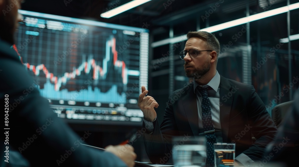 Aufkleber expert trader presenting forex strategies in modern conference room with charts and graphs