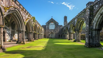 Fototapeta premium A large, grassy field with a stone building in the background