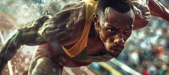 Intense Athlete in Triple Jump Mid-Action at Track Event with Spectators and Teammates