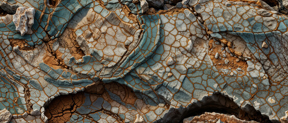 Rough rock texture of opaque grey and white quartz stone with cracks and surface fractures, horizontal formation, panoramic geology banner. 