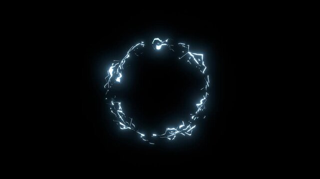 Circles of blue electric energy rotating on a black background. Neon frame in curly breaking current style. Portal animation with random lightning power