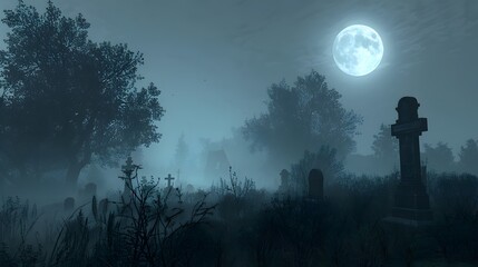 Fototapeta premium A spooky cemetery with fog rolling in and a full moon shining above