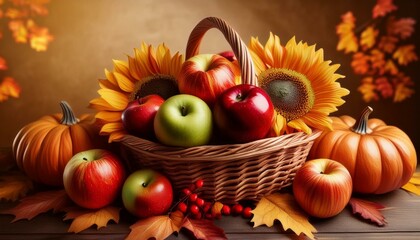 Autumn background with basket, apples, pumpkins, sunflower flowers and colorful leaves on wooden tabletop