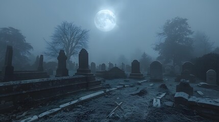 A spooky cemetery with fog rolling in and a full moon shining above