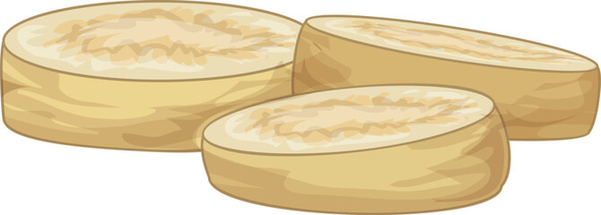 Three slices of ripe plantain are laying on a surface © anatolir