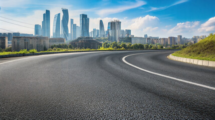 Curved asphalt road leading to a modern city skyline. Urban landscape background with copy space