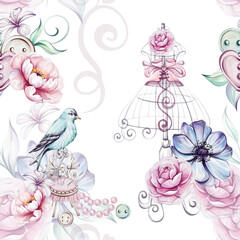 Watercolor seamless pattern - vintage Mannequin Stand, for Tailoring and Fashion Design and romantic flowers. Bouquet of roses and anemones. Clothes design. Handcraft in retro style. Old-fashion for