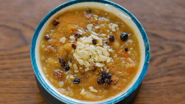 Traditional Turkish dessert called 'aşure' in a ceramic bowl or Noah's Pudding