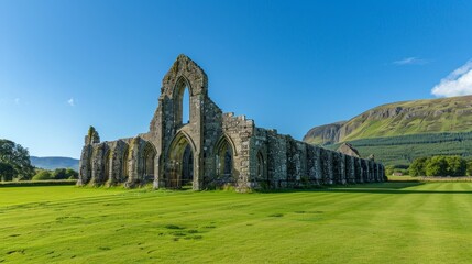 A large, grassy field with a stone building in the background