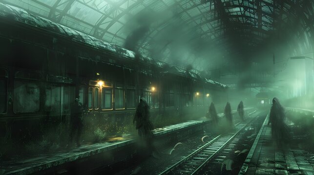 A haunted train station with ghostly figures waiting for a train