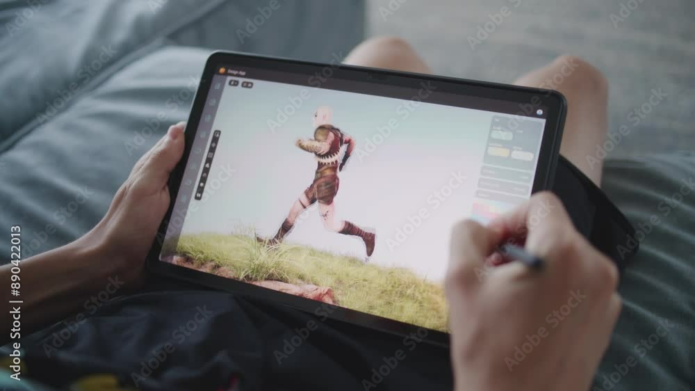 Poster talented teenager with digital pen and tablet in hands sits in room, creates 3d model. boy draws new