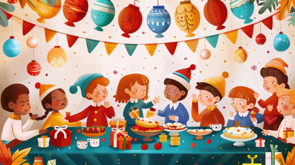 Naklejka premium Festive holiday celebration with diverse children at a colorful party table decorated with ornaments and gifts
