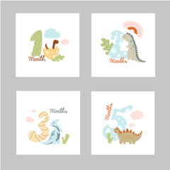 Baby month anniversary collection for a newborn. Baby milestone set cards for newborn with a cute dinosaurs and rainbow. Babyshower print element in soft pastel shades