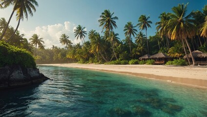 Idyllic tropical island setting with palm trees and beach view