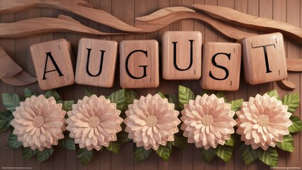 A wooden blocks letters spelling the word august are surrounded by flowers, AI