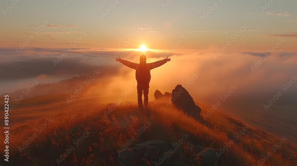 Poster person embracing new day at serene hilltop sunrise overlook inspiring concept of embracing energy of