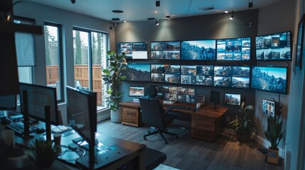 Modern Real Estate Office with Multiple Monitors Showcasing Property Listings and Market Data