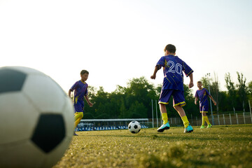 Naklejka premium Focus on competitive boys in blue uniform playing soccer on open air stadium, training. Little Champions in Action. Concept of sport, childhood, education, achievement, active lifestyle
