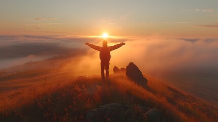 Person Embracing New Day at Serene Hilltop Sunrise Overlook Inspiring Concept of Embracing Energy of New Beginnings