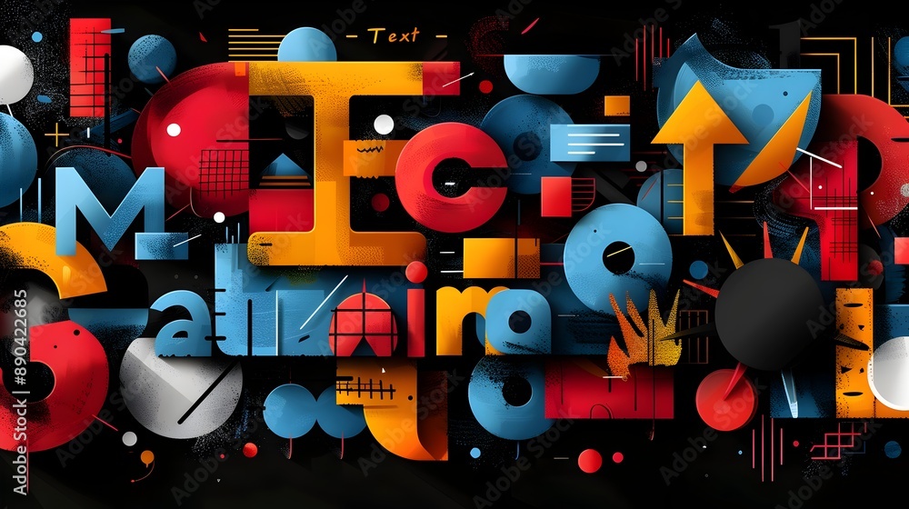 Poster vibrant geometric abstract digital art composition with colorful shapes and patterns