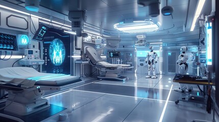 A high-tech medical facility with advanced healing technologies and robotic assistants.