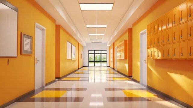 A wide shot of a bright, empty school hallway with yellow walls, white doors, and a row of yellow lockers.