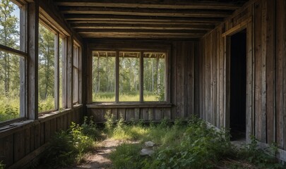 Fototapeta premium Sunny abandoned room with overgrown plants inside.