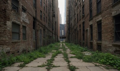 Abandoned urban alley with overgrown plants