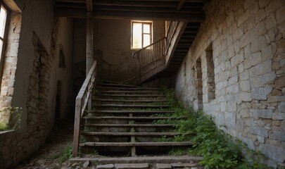 Dilapidated indoor staircase covered in overgrowing plants