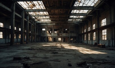 Empty, abandoned warehouse bathed in soft sunlight.