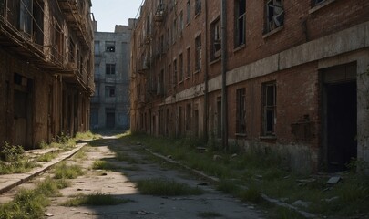 Deserted alley between old brick buildings with broken windows