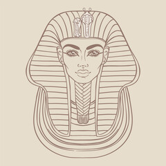 King Tutankhamun mask, ancient Egyptian pharaoh. Hand-drawn vintage vector outline illustration. Tattoo flash, t-shirt or poster design, postcard, coloring book page. Egypt history.