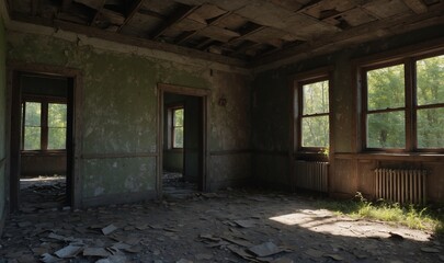 Decayed empty room with sunlit windows and debris floor.