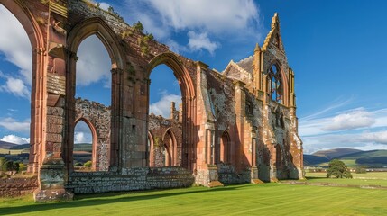 A large, grassy field with a stone building in the background