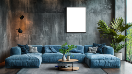 salon moderne avec canapé en cuir, mur béton et tableau au mur personnalisable