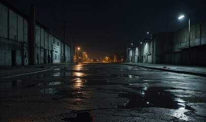 Empty urban street at night with wet pavement.