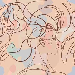 Abstract seamless pattern in modern simple style. Female faces. One line drawing. Design for wrapping paper, wallpaper, fabrics and fashion clothes.